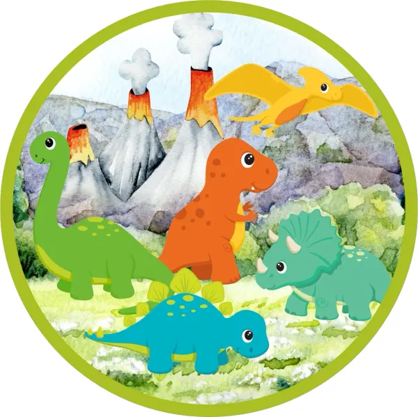 Kulatý jedlý obrázek na dort – Dinosauři, akvarelová parta pod sopkami (zelená, červená, modrá)