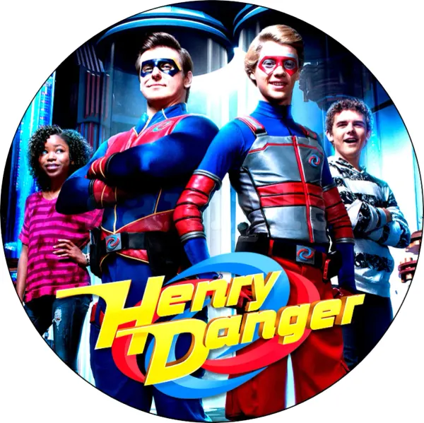 Kulatý jedlý obrázek na dort – Henry Danger, tým s Charlotte a Jasperem (modrá, červená, žlutá)