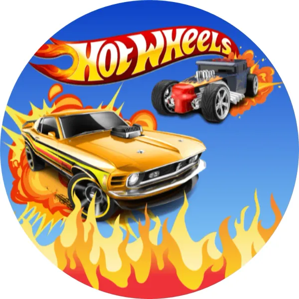 Kulatý jedlý obrázek na dort – Hot Wheels, Oranžový sporťák a hot rod (modrá, žlutá, červená)