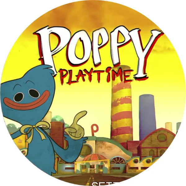 Kulatý jedlý obrázek na dort – Huggy Wuggy, u továrny s nápisem Poppy (žlutá, modrá, červená)