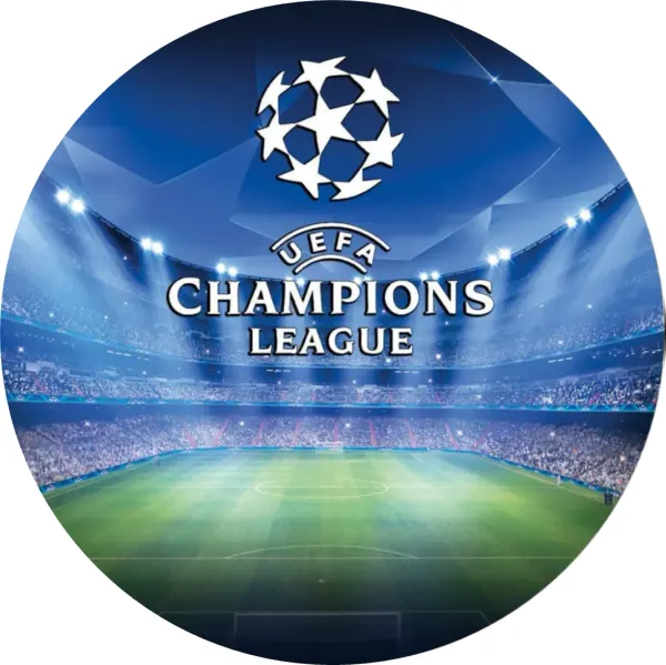 Kulatý jedlý obrázek na dort – Champions League, stadion a hvězdný míč (modrá, zelená, bílá)
