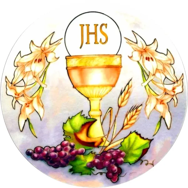 Kulatý jedlý obrázek na dort – Křest a přijímání, kalich JHS a bílé lilie (bílá, zlatá, fialová)