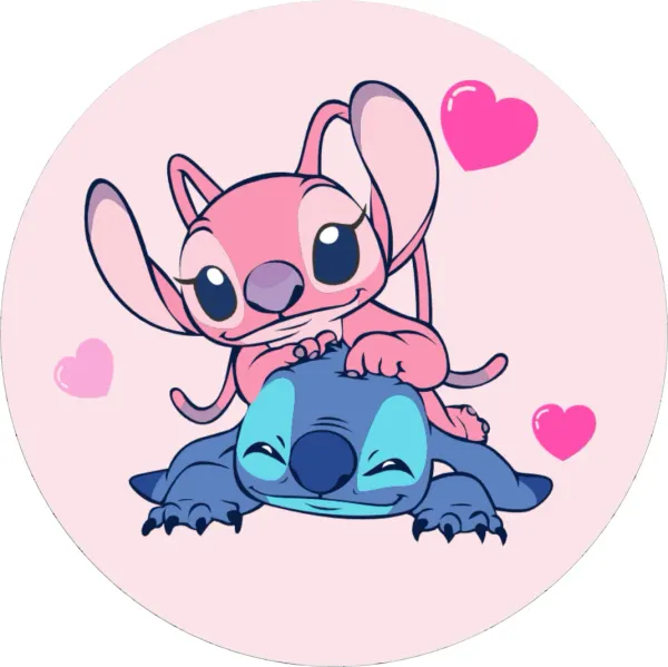Kulatý jedlý obrázek na dort – Lilo a Stitch, ležící Stitch a zamilovaná Angel (růžová, modrá)