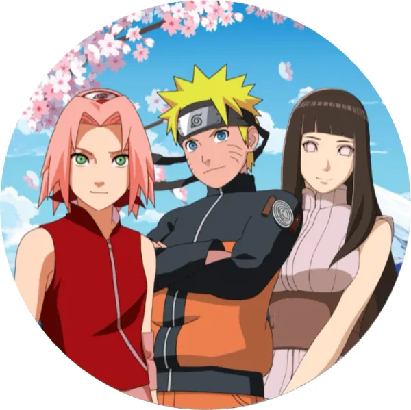 Kulatý jedlý obrázek na dort – Naruto, se Sakurou, Hinatou a horou (modrá, růžová, černá)