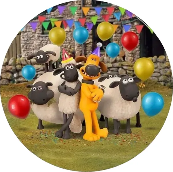 Kulatý jedlý obrázek na dort – Ovečka Shaun, oslava na pastvině s balónky (zelená, modrá, červená)