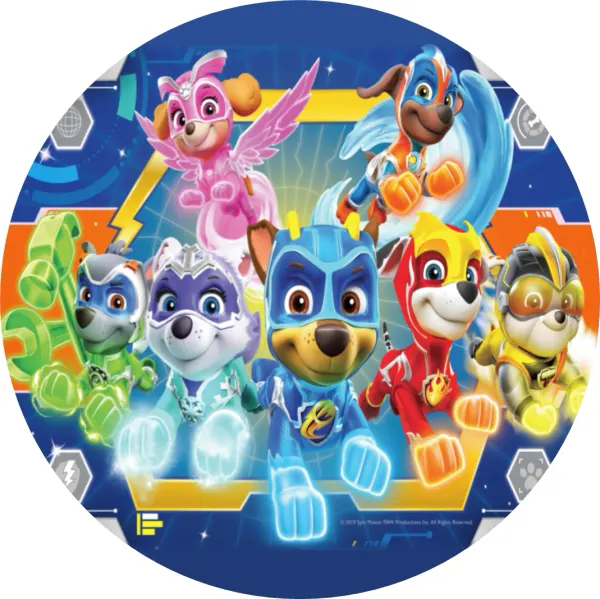 Kulatý jedlý obrázek na dort – Paw Patrol, superhrdinové a šestiúhelníky (modrá, červená, žlutá)