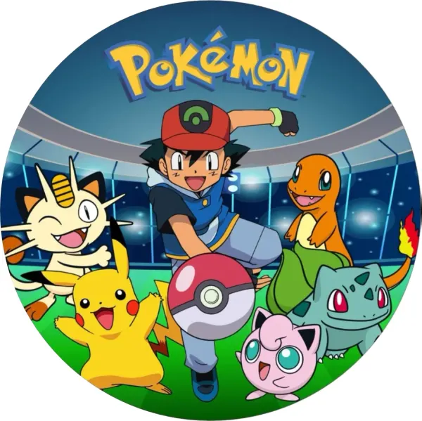 Kulatý jedlý obrázek na dort – Pokémon, Ash a parta v aréně stadionu (modrá, zelená, žlutá)