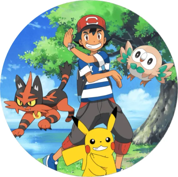 Kulatý jedlý obrázek na dort – Pokémon, Ash, Rowlet a Litten v Alola (modrá, zelená, žlutá)