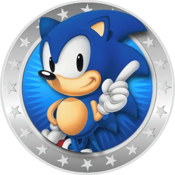 Kulatý jedlý obrázek na dort – Sonic, medailon s hvězdami a prstem nahoru (modrá, stříbrná, bílá)