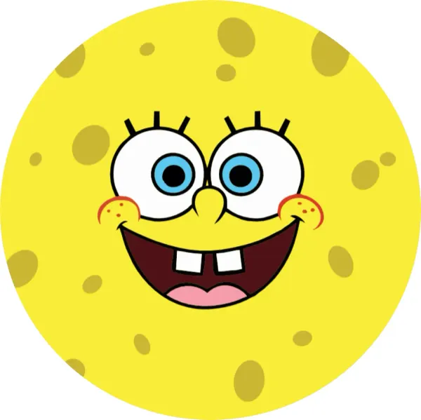 Kulatý jedlý obrázek na dort – SpongeBob, detail usměvavé tváře (žlutá, modrá, bílá)