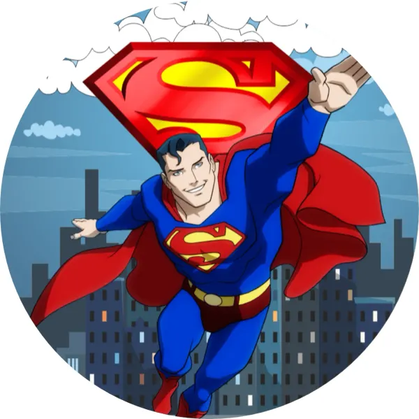 Kulatý jedlý obrázek na dort – Superman, v letu nad mrakodrapy města (modrá, červená, žlutá)