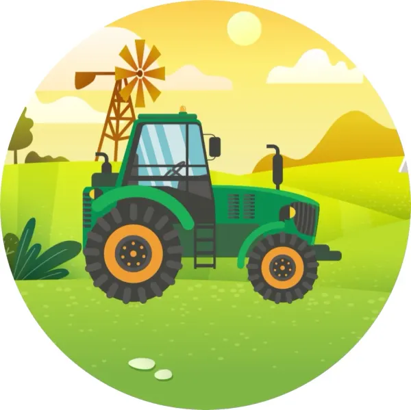 Kulatý jedlý obrázek na dort – Traktor, zelený na louce s větrným mlýnem (zelená, žlutá, hnědá)