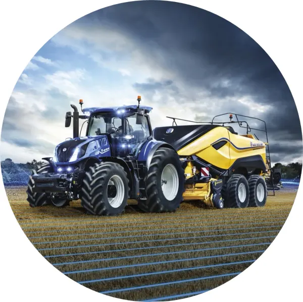 Kulatý jedlý obrázek na dort – Traktor, modrý se žlutým lisem na slámu (modrá, žlutá, hnědá)