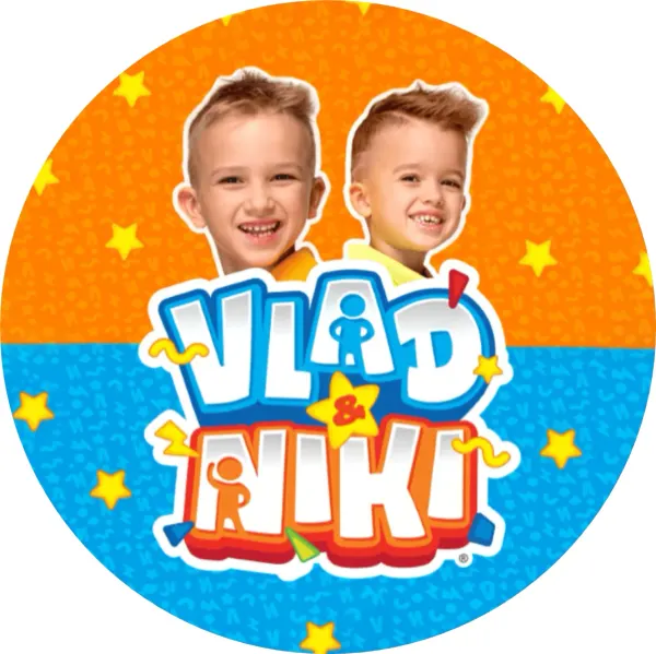 Kulatý jedlý obrázek na dort – Vlad a Niki (modrá, žlutá)