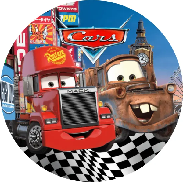 Kulatý jedlý obrázek na dort – Cars, Mack a Burák s Big Benem (červená, hnědá, modrá)