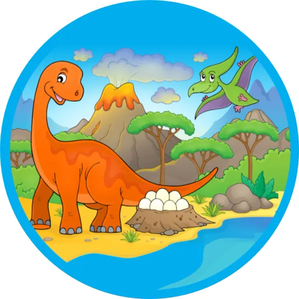 Kulatý jedlý obrázek na dort – Dinosauři, oranžový ještěr a hnízdo s vejci (modrá, zelená, červená)