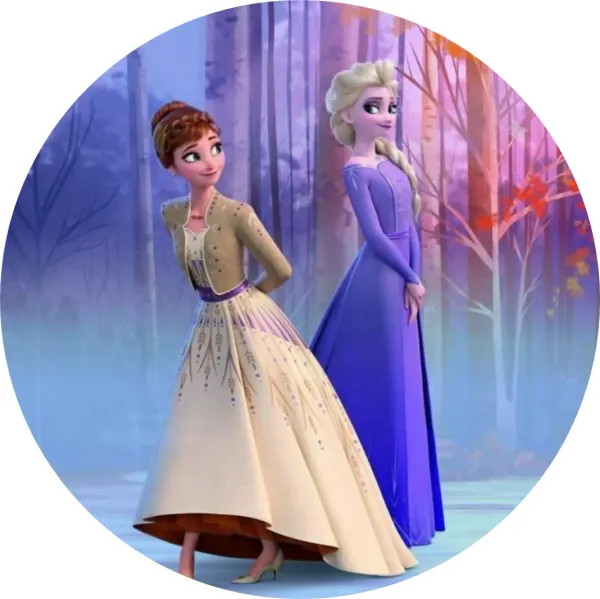 Kulatý jedlý obrázek na dort – Frozen, Anna a Elsa v elegantních róbách (fialová, modrá, bílá)