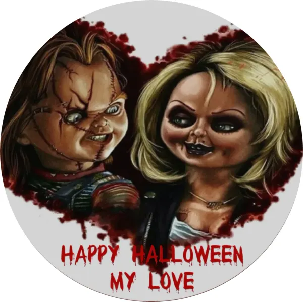 Kulatý jedlý obrázek na dort – Halloween, Chucky a Tiffany v srdci (červená, černá, bílá)