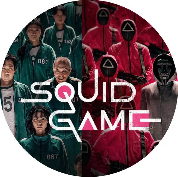 Kulatý jedlý obrázek na dort – Hra na oheň, Squid Game (zelená, červená, černá)