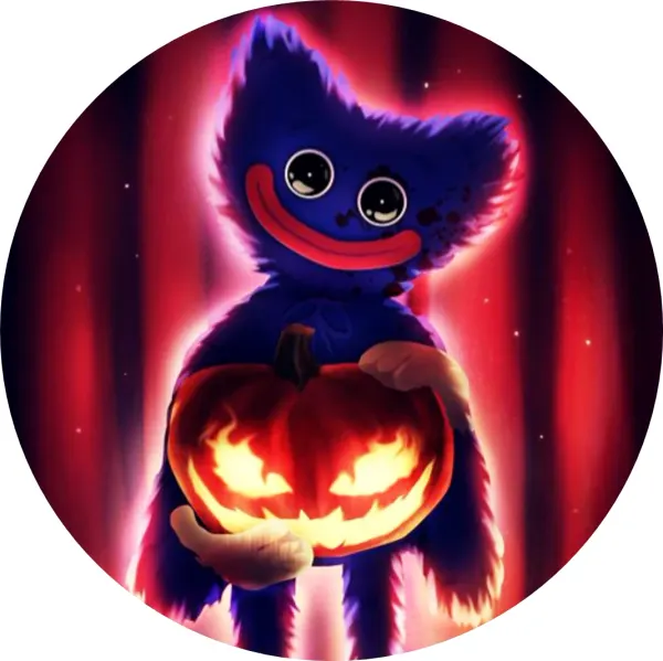 Kulatý jedlý obrázek na dort – Huggy Wuggy, Halloween (modrá, červená, černá)