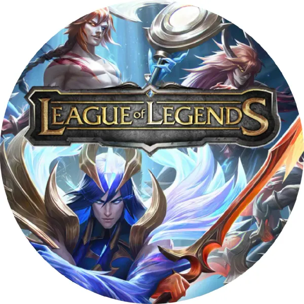 Kulatý jedlý obrázek na dort – League of Legends, bojovníci a zlaté logo (modrá, zlatá, černá)