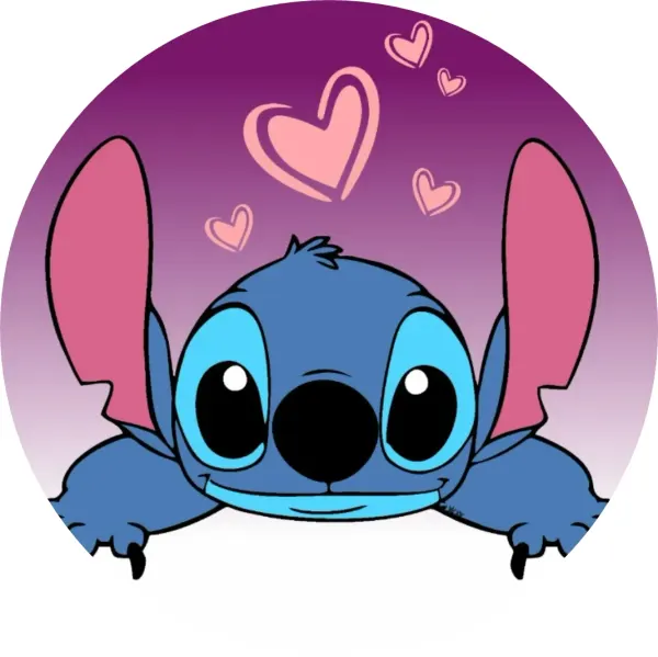 Kulatý jedlý obrázek na dort – Lilo a Stitch, usměvavý Stitch na fialovém pozadí (modrá, fialová, růžová)