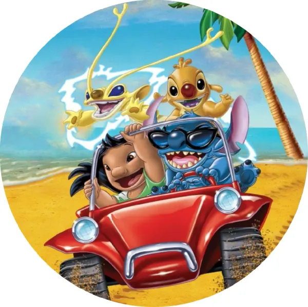 Kulatý jedlý obrázek na dort – Lilo a Stitch, jízda v červené plážové bugině (modrá, červená, žlutá)