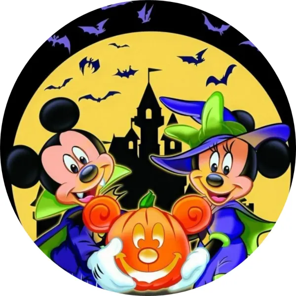 Kulatý jedlý obrázek na dort – Mickey a Minnie, Halloween s dýní a hradem (žlutá, černá, fialová)