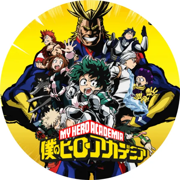 Kulatý jedlý obrázek na dort – My Hero Academia (žlutá, modrá, zelená)