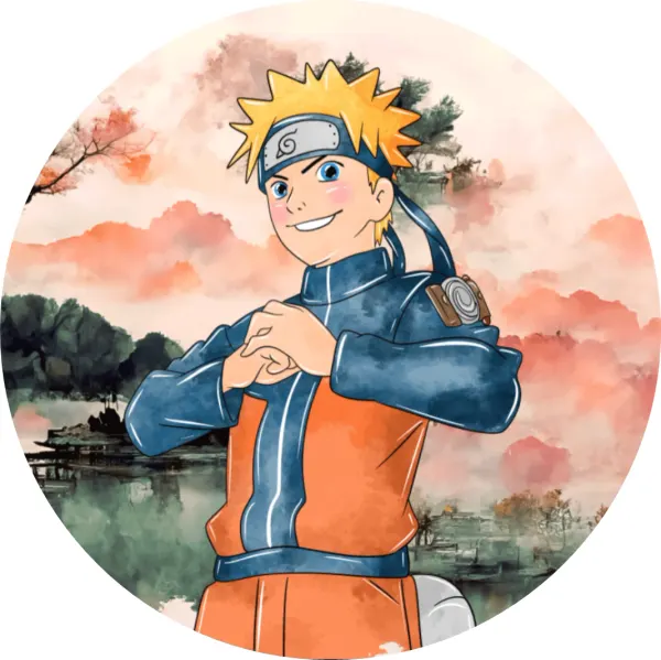 Kulatý jedlý obrázek na dort – Naruto, sepnuté ruce a západ slunce (žlutá, modrá, zelená)