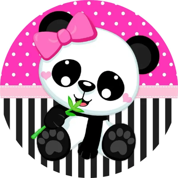 Kulatý jedlý obrázek na dort – Panda, s mašlí, bambusem a proužky (růžová, černá, bílá)