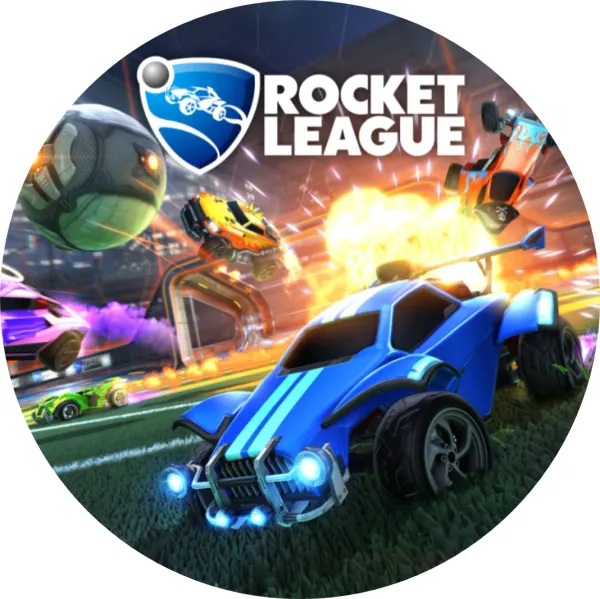 Kulatý jedlý obrázek na dort – Rocket League, modré auto a létající míč (modrá, černá, žlutá)