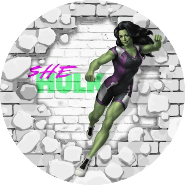 Kulatý jedlý obrázek na dort – She Hulk, prorážející cihlovou zeď (zelená, fialová, bílá)