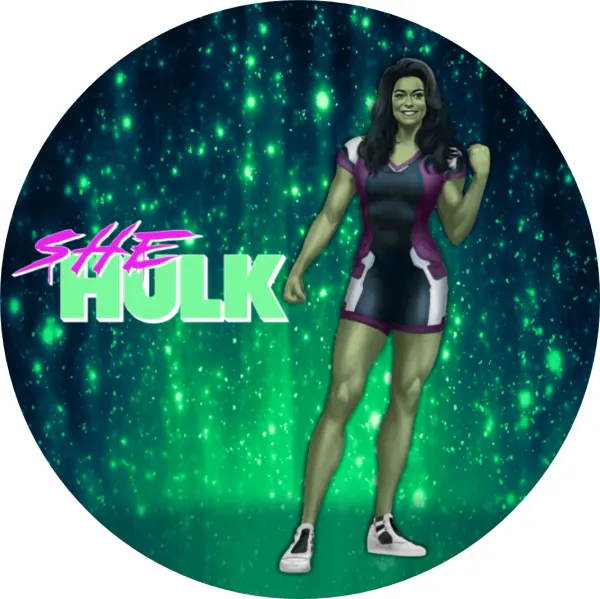 Kulatý jedlý obrázek na dort – She Hulk, na třpytivém smaragdovém pozadí (zelená, fialová, černá)