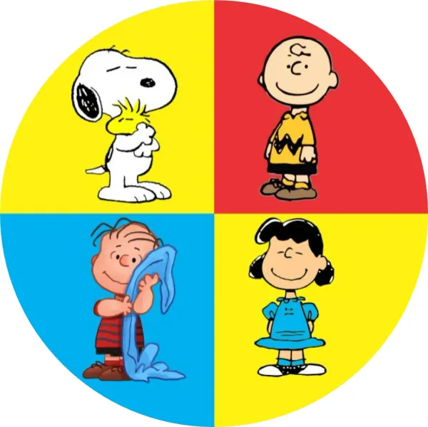 Kulatý jedlý obrázek na dort – Snoopy, Charlie Brown a přátelé ve 4 polích (žlutá, červená, modrá)