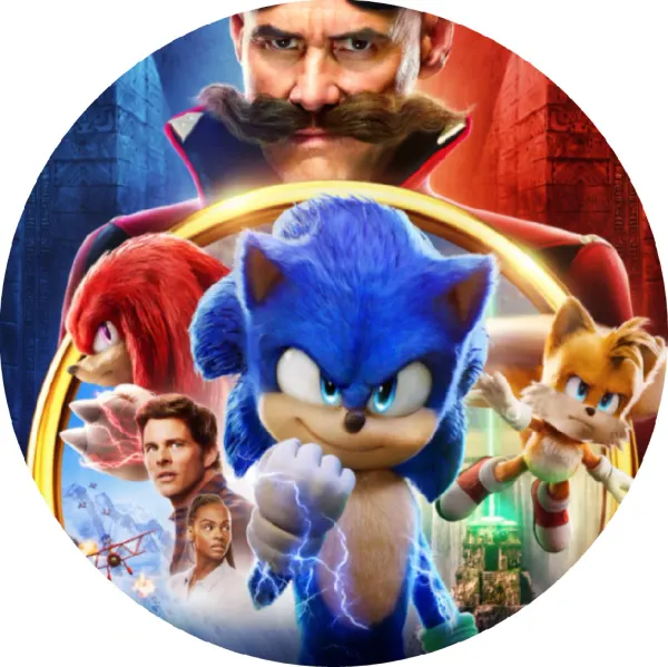 Kulatý jedlý obrázek na dort – Sonic, filmový hrdina, Tails a Robotnik (modrá, červená, žlutá)