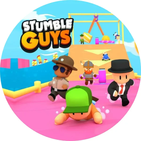 Kulatý jedlý obrázek na dort – Stumble Guys, závod na růžové dráze (růžová, modrá, žlutá)