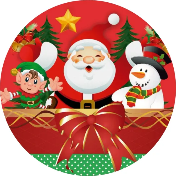 Kulatý jedlý obrázek na dort – Vánoce, Santa, elf a sněhulák s mašlí (červená, bílá, zelená)