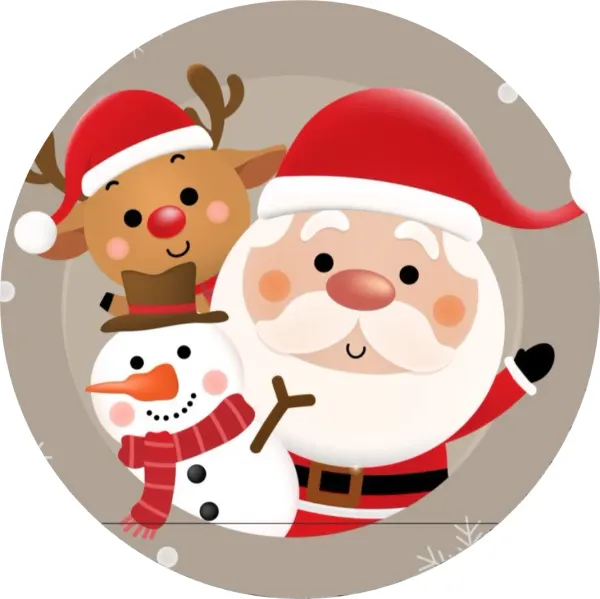 Kulatý jedlý obrázek na dort – Vánoce, Santa, sob a sněhulák na béžovém (červená, bílá, hnědá)