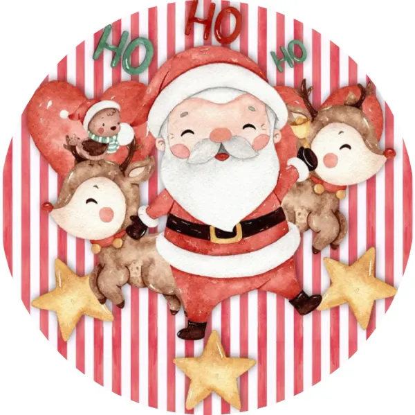 Kulatý jedlý obrázek na dort – Vánoce, Santa, sobi a pruhy HO HO HO (červená, bílá, hnědá)