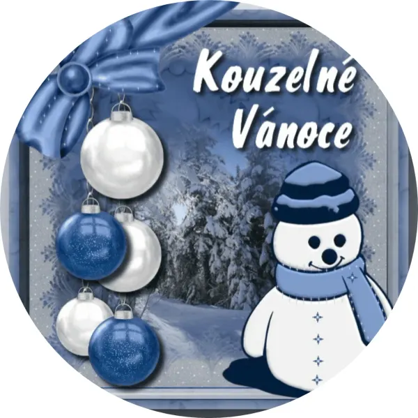 Kulatý jedlý obrázek na dort – Vánoce, Sněhulák a nápis Kouzelné Vánoce (modrá, bílá)