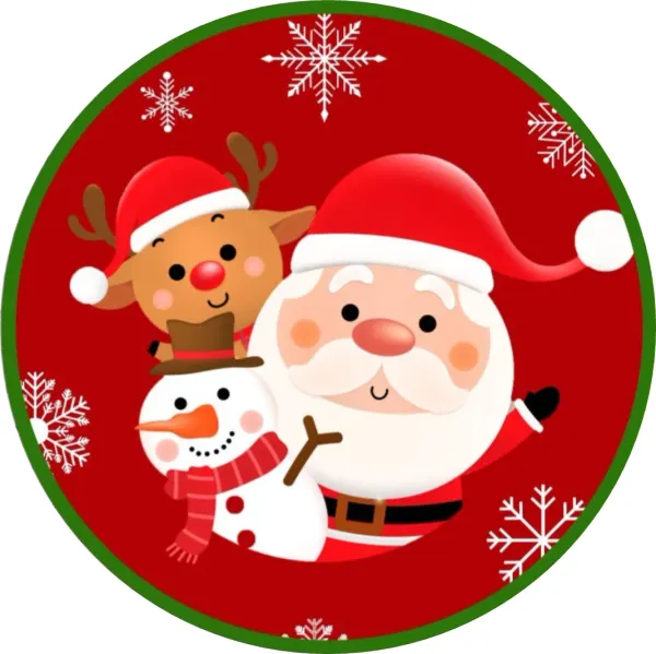 Kulatý jedlý obrázek na dort – Vánoce, Santa, sob a sněhulák na červeném (červená, bílá, hnědá)