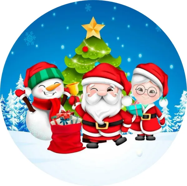 Kulatý jedlý obrázek na dort – Vánoce, Santa, paní Santová a sněhulák (modrá, červená, bílá)