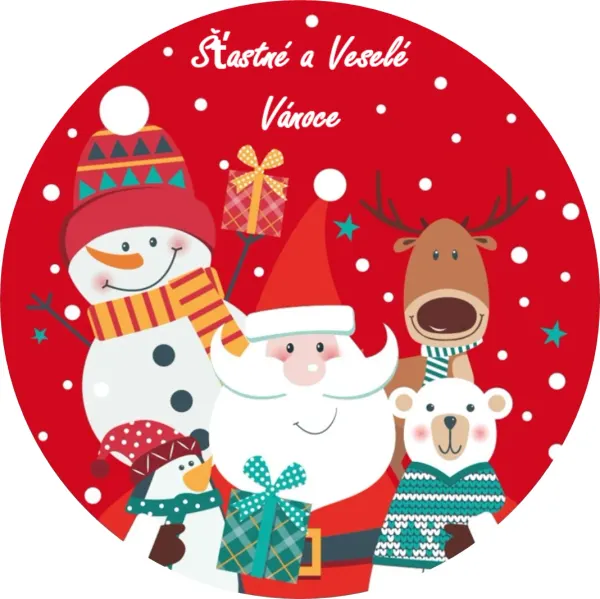 Kulatý jedlý obrázek na dort – Vánoce, Santa, zvířátka a Šťastné a Veselé (červená, bílá, hnědá)
