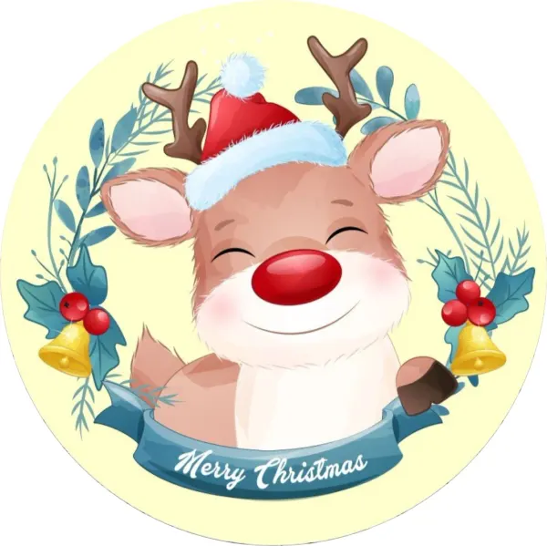 Kulatý jedlý obrázek na dort – Vánoce, Sobík a nápis Merry Christmas (hnědá, červená, modrá)