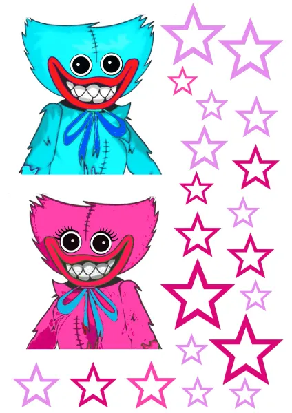 Obdélníkový jedlý papír k výřezu – Huggy Wuggy, a Kissy Missy s hvězdičkami (modrá, růžová, fialová)