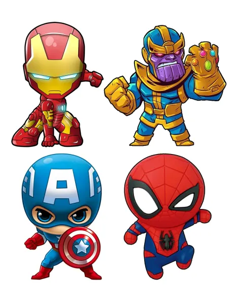 Obdélníkový jedlý papír k výřezu – Avengers, Thanos s rukavicí a hrdinové (červená, modrá, žlutá)