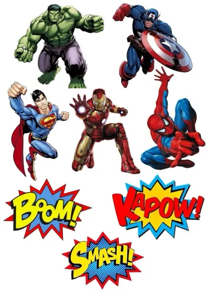 Obdélníkový jedlý papír k výřezu – Avengers, hrdinové a bubliny BOOM a SMASH (zelená, červená, modrá)