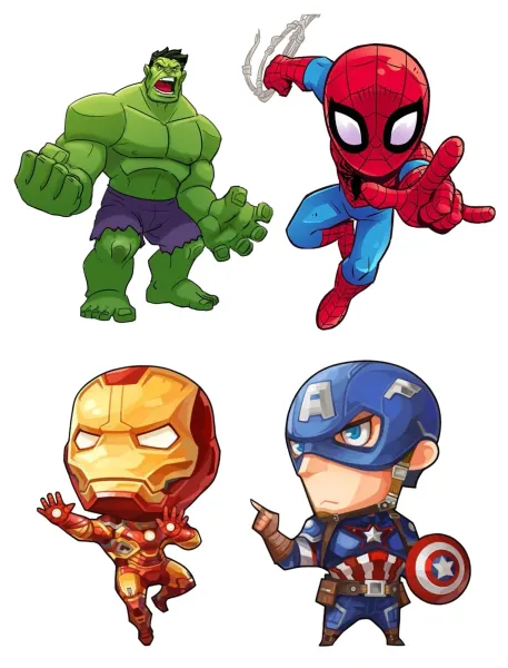 Obdélníkový jedlý papír k výřezu – Avengers, chibi Hulk, Spidey, Iron Man a Cap (červená, modrá, zelená)