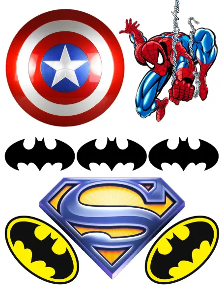 Obdélníkový jedlý papír k výřezu – Avengers, Spider-Man, štít a Batmanova loga (modrá, červená, žlutá)